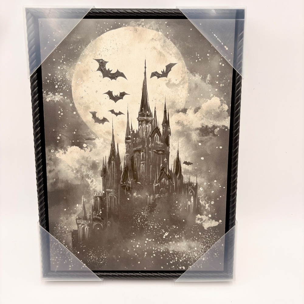 Gothic Castle Bats Full Moon Framed Canvas Wall Art 12x16 Black Rope Frame